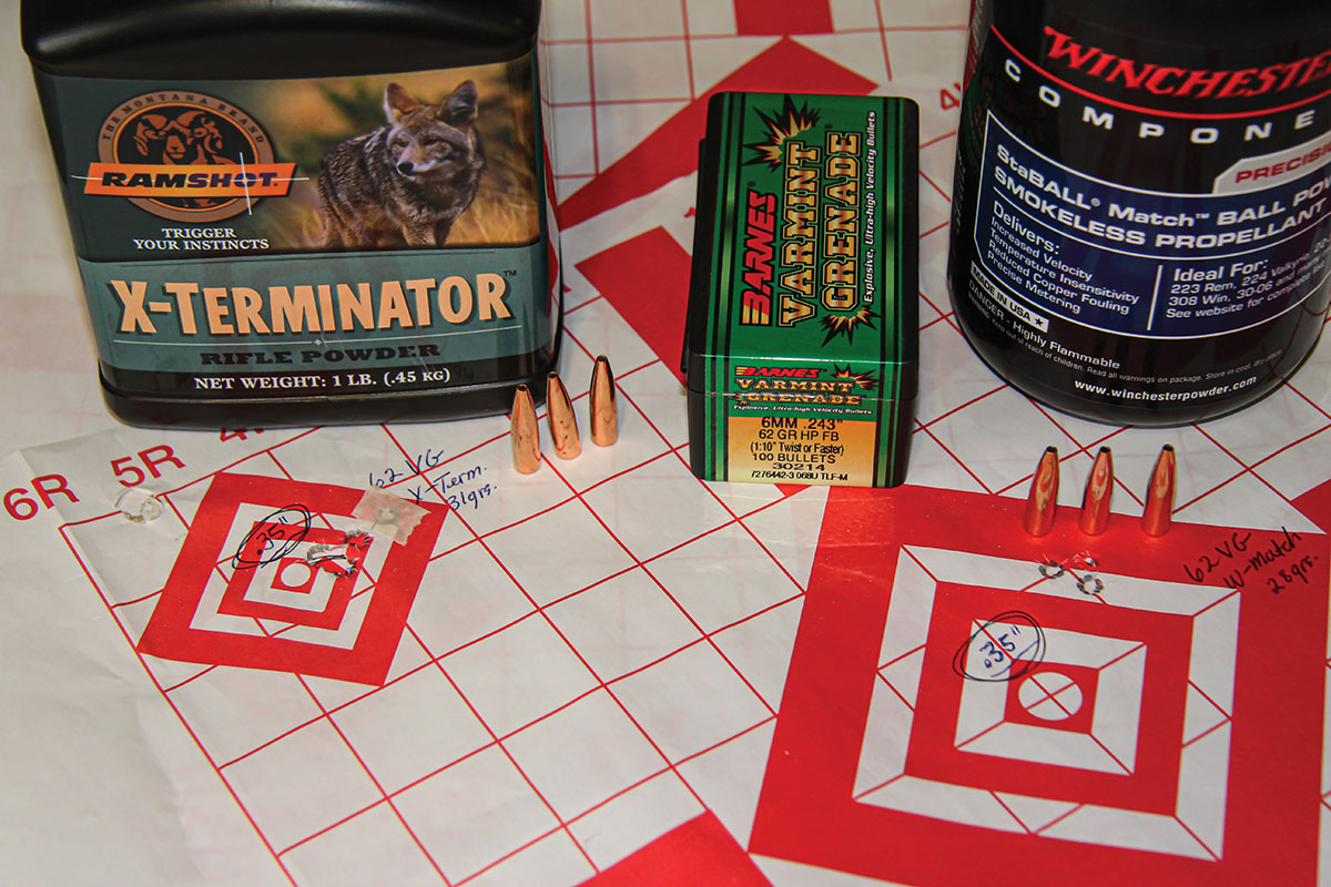 Shown here are the best 62-grain Varmint Grenade groups of .35 inch at 3,416 fps using 31 grains of Ramshot X-Terminator and .35 inch at 2,884 fps using 28 grains of Winchester StaBALL Match.